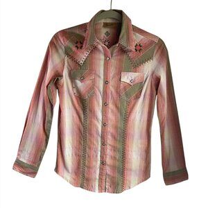 VTG Y2K Wrangler Womens Sz XS Western Shirt Embroidered Aztec Pink Pearl Snap